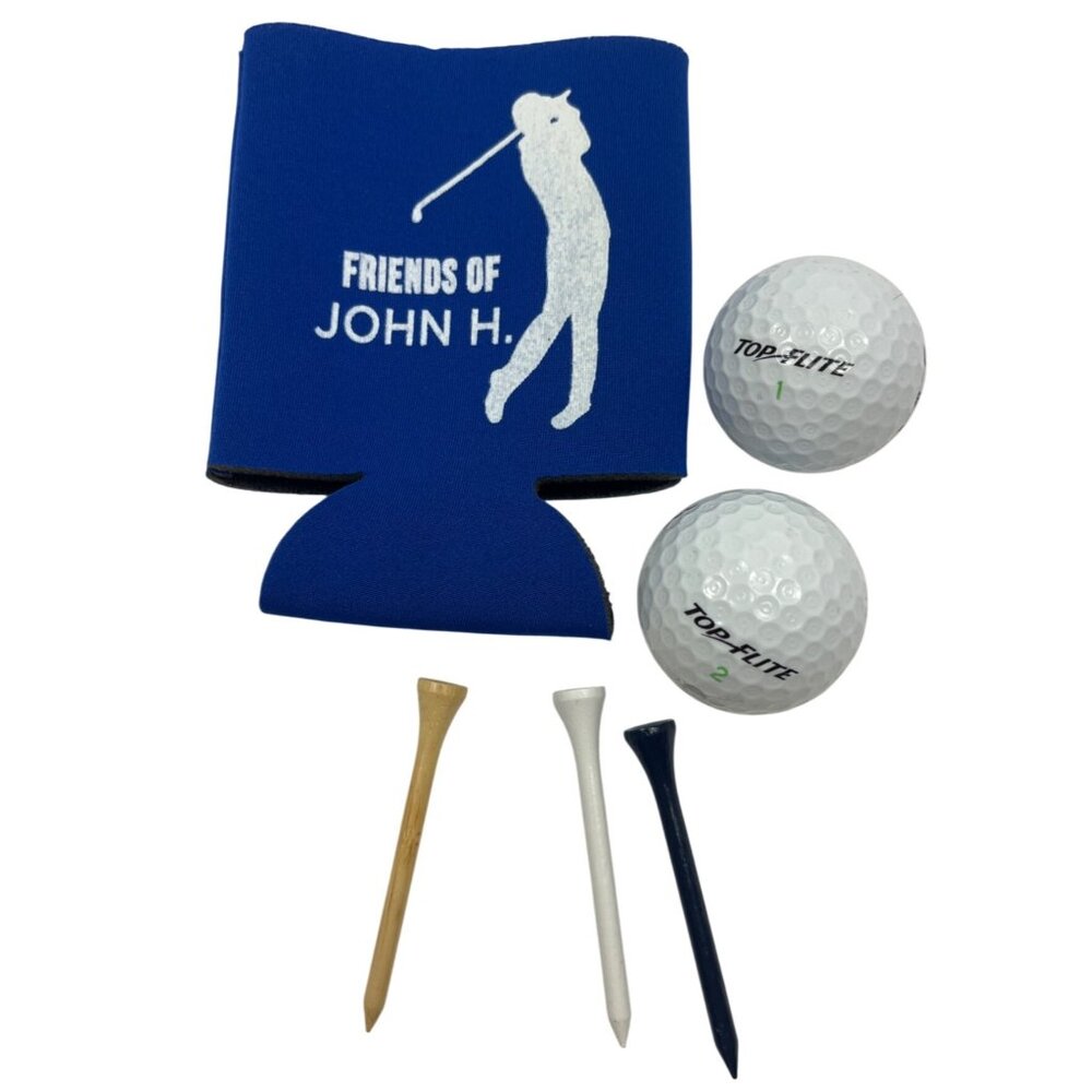 Golf Gift Set: Top-Flite Balls Tees & "Friends Of John H." Blue Koozie 24k